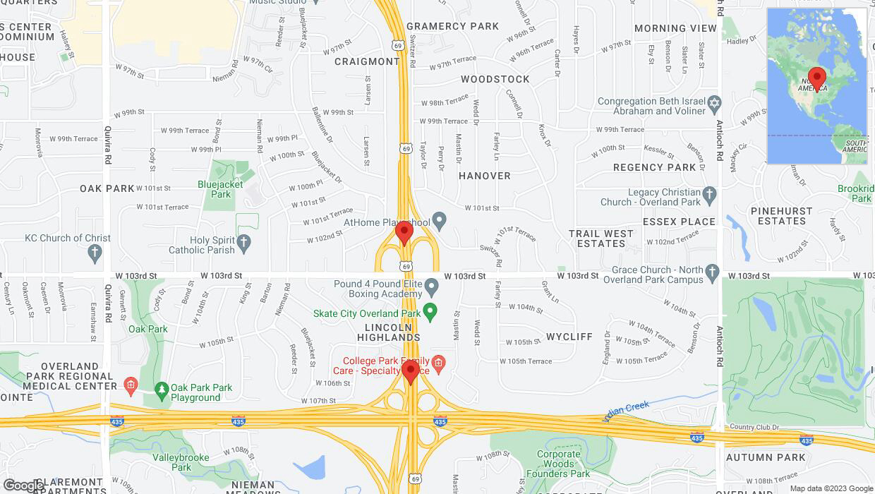 A detailed map that shows the affected road due to 'Lane on US-69 closed in Overland Park' on December 11th at 3:35 p.m.
