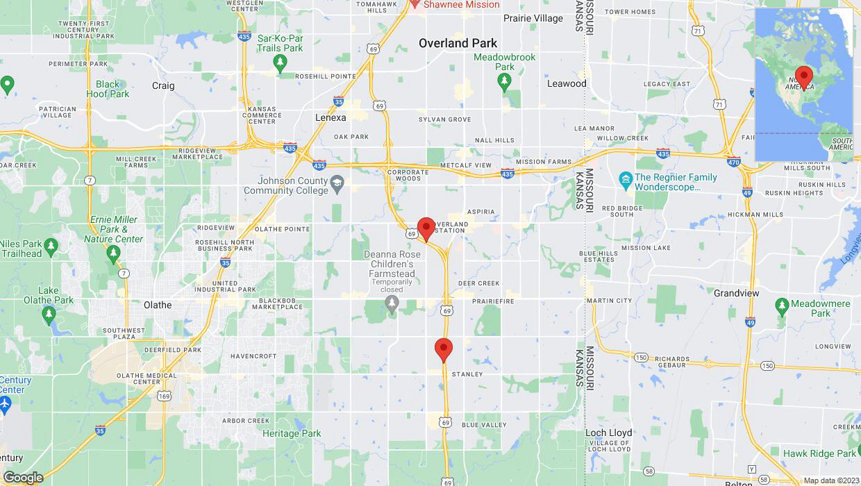 A detailed map that shows the affected road due to 'Lane on US-69 closed in Overland Park' on December 12th at 4:35 p.m.