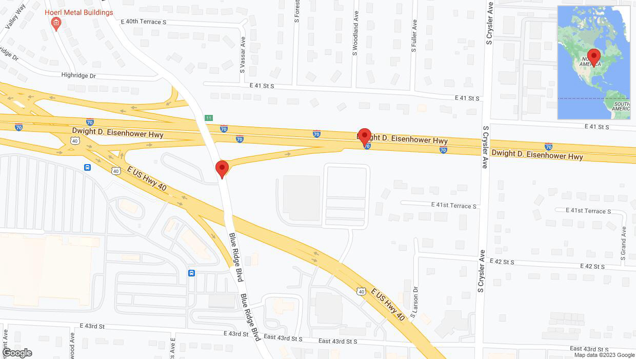 A detailed map that shows the affected road due to 'Blue Ridge Boulevard temporarily closed in Independence' on December 11th at 4:11 p.m.