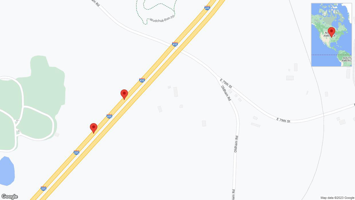 A detailed map that shows the affected road due to 'Broken down vehicle on southbound I-435 in Kansas City' on December 11th at 1:23 p.m.