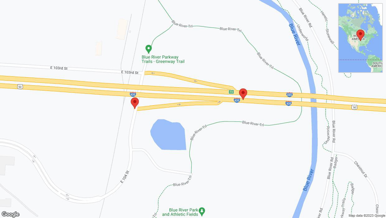 A detailed map that shows the affected road due to 'Broken down vehicle on East 104th Street in Kansas City' on December 15th at 7:27 p.m.