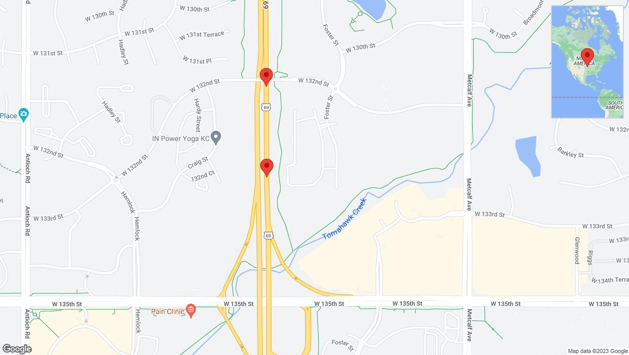 A detailed map that shows the affected road due to 'Broken down vehicle on northbound US-69 in Overland Park' on December 11th at 3:17 p.m.