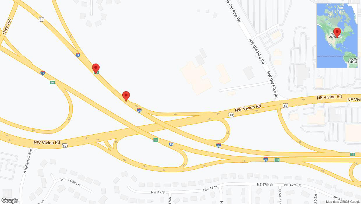 A detailed map that shows the affected road due to 'Broken down vehicle on northbound I-29 in Gladstone' on December 11th at 4:05 p.m.