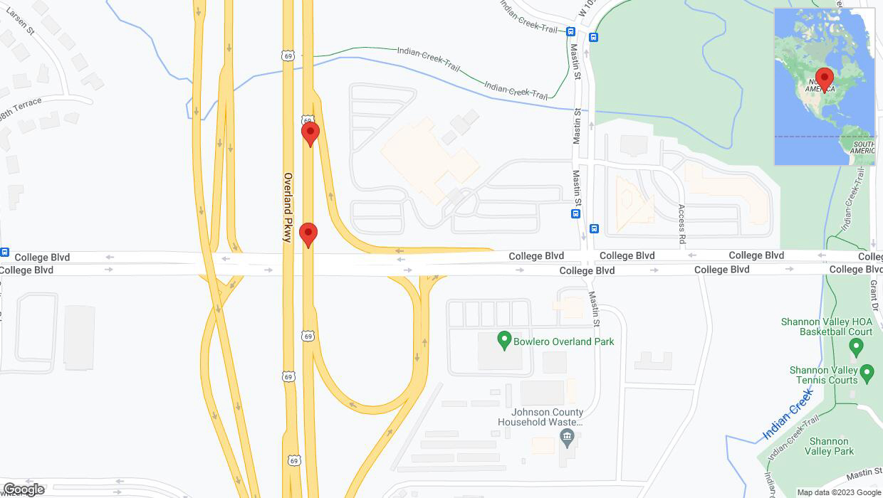 A detailed map that shows the affected road due to 'Warning: Crash on northbound US-69 in Overland Park' on December 11th at 7:44 p.m.