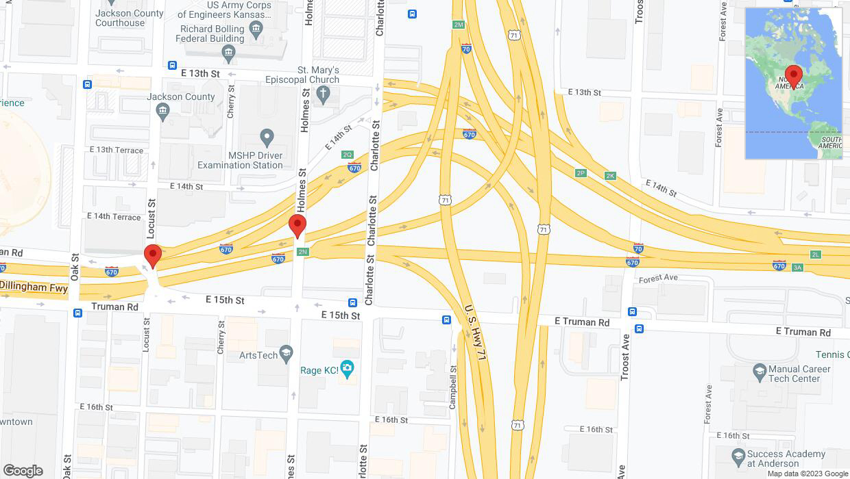 A detailed map that shows the affected road due to 'Broken down vehicle on East 14th Street in Kansas City' on December 11th at 6:28 p.m.