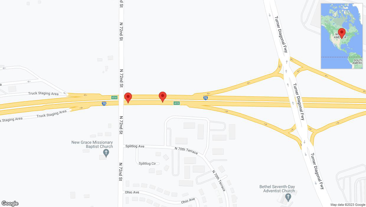 A detailed map that shows the affected road due to 'Broken down vehicle on eastbound I-70 in Kansas City' on December 12th at 3:47 p.m.
