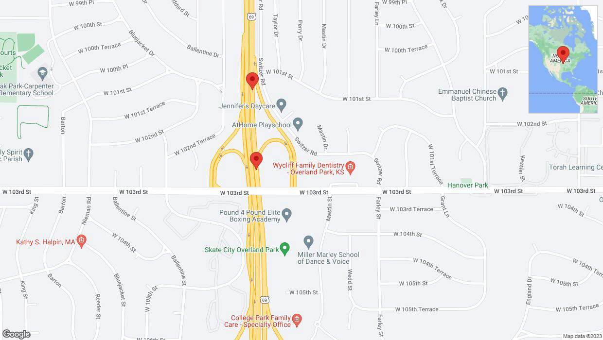 A detailed map that shows the affected road due to 'Broken down vehicle on northbound US-69 in Overland Park' on December 12th at 7:16 p.m.