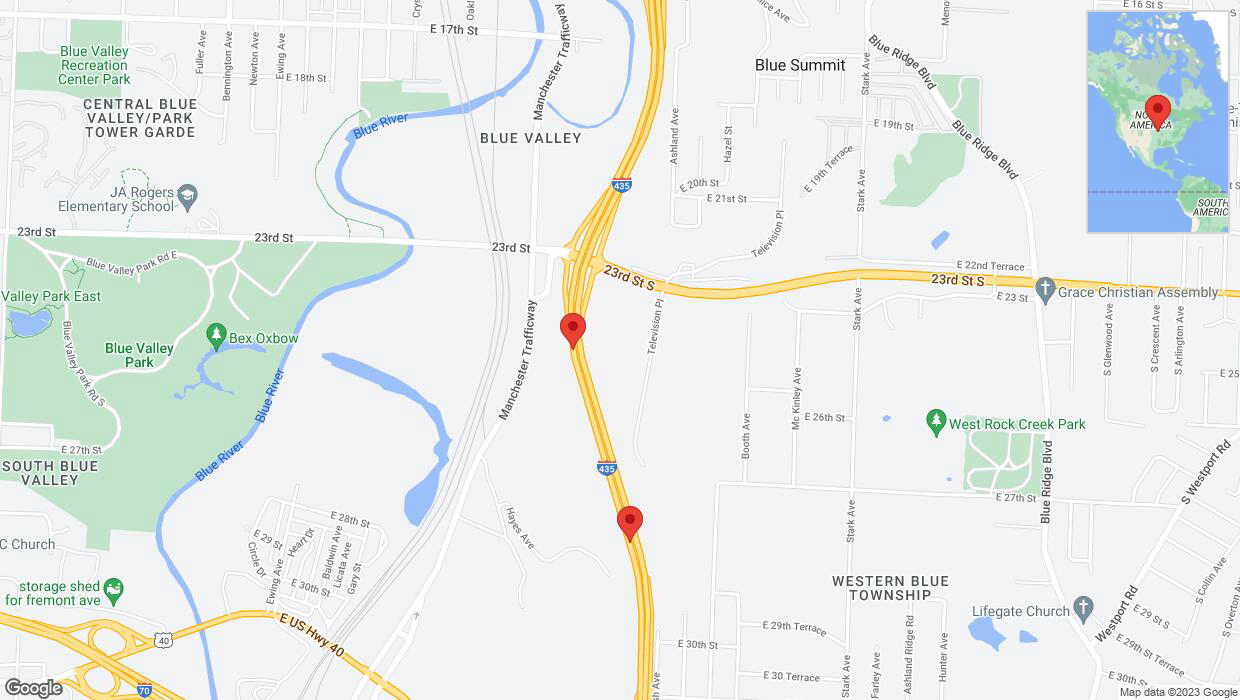 A detailed map that shows the affected road due to 'Broken down vehicle on southbound I-435 in Kansas City' on December 13th at 2:40 p.m.