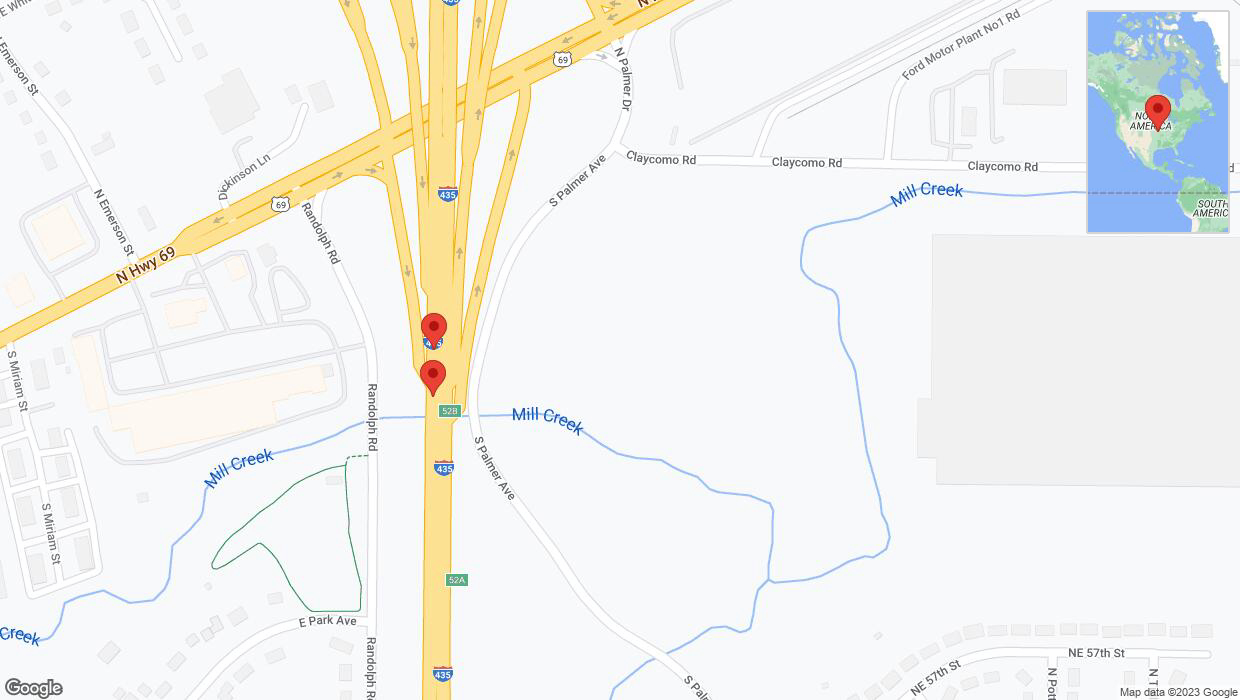 A detailed map that shows the affected road due to 'Broken down vehicle on southbound I-435 in Claycomo' on December 13th at 5:10 p.m.