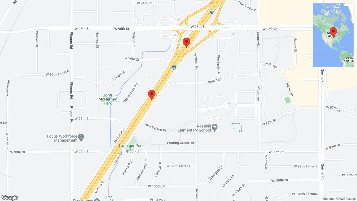 A detailed map that shows the affected road due to 'Broken down vehicle on eastbound I-35 in Lenexa' on December 13th at 7:28 p.m.