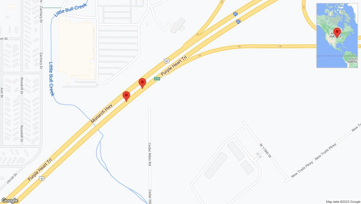 A detailed map that shows the affected road due to 'Broken down vehicle on northbound I-35 in Gardner' on December 13th at 9:10 p.m.