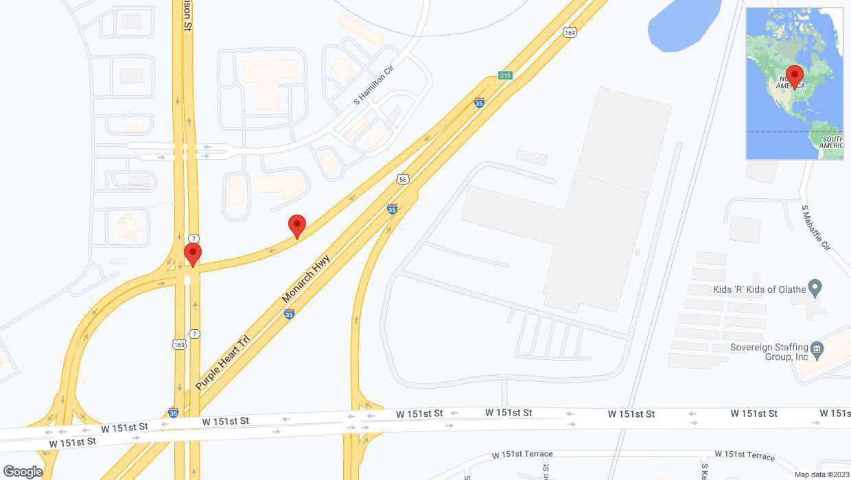 A detailed map that shows the affected road due to 'Broken down vehicle on southbound US-169 South in Olathe' on December 13th at 10:16 p.m.