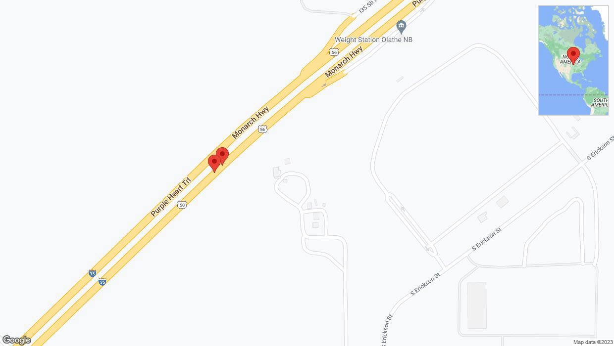 A detailed map that shows the affected road due to 'Broken down vehicle on eastbound I-35 in Olathe' on December 14th at 2:42 p.m.