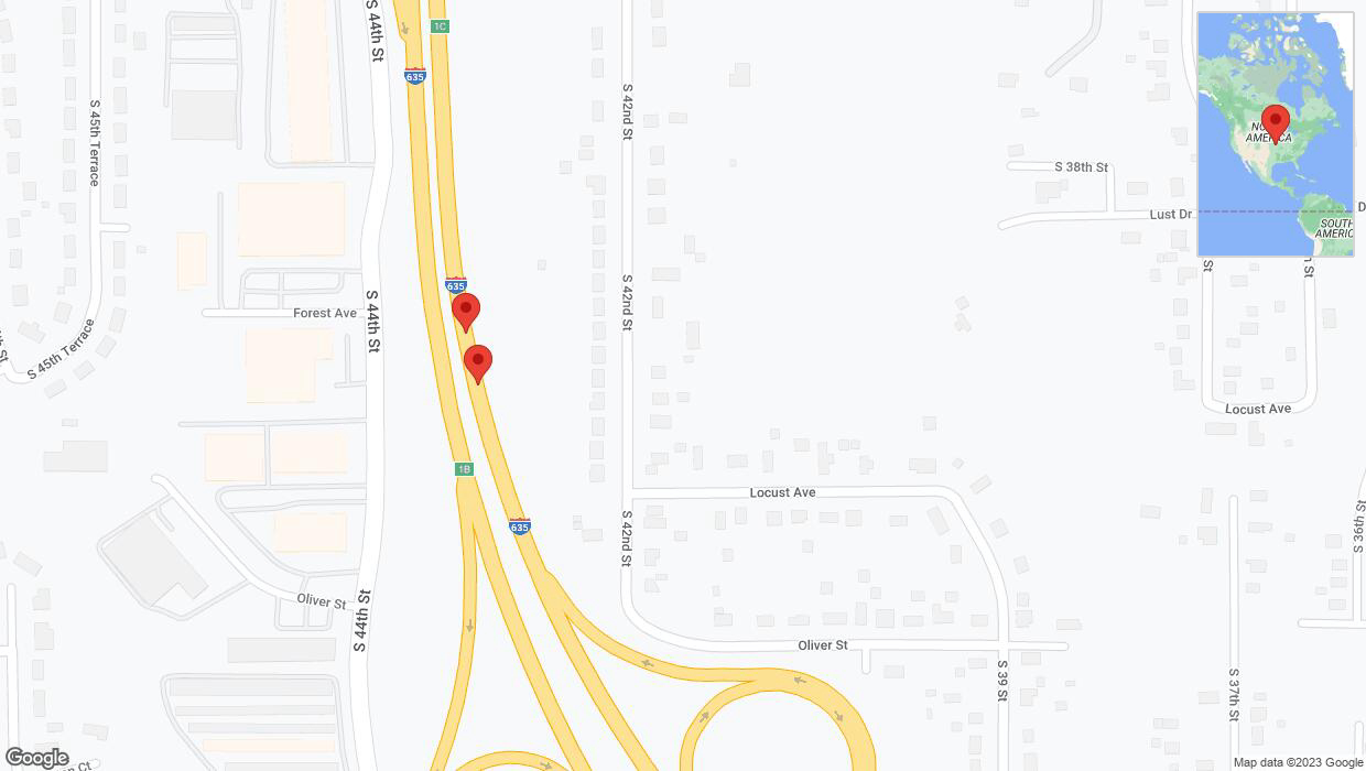A detailed map that shows the affected road due to 'Broken down vehicle on northbound I-635 in Kansas City' on December 14th at 3:06 p.m.