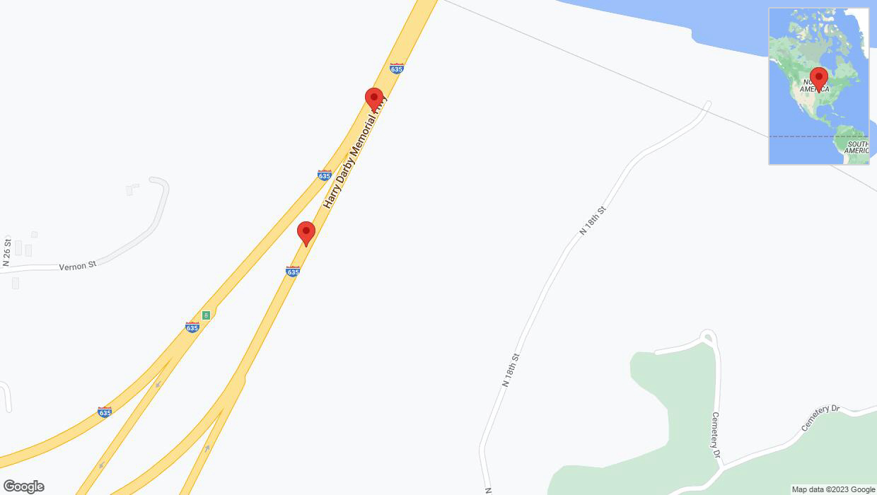 A detailed map that shows the affected road due to 'Warning: Crash on northbound I-635 in Kansas City' on December 14th at 6:23 p.m.