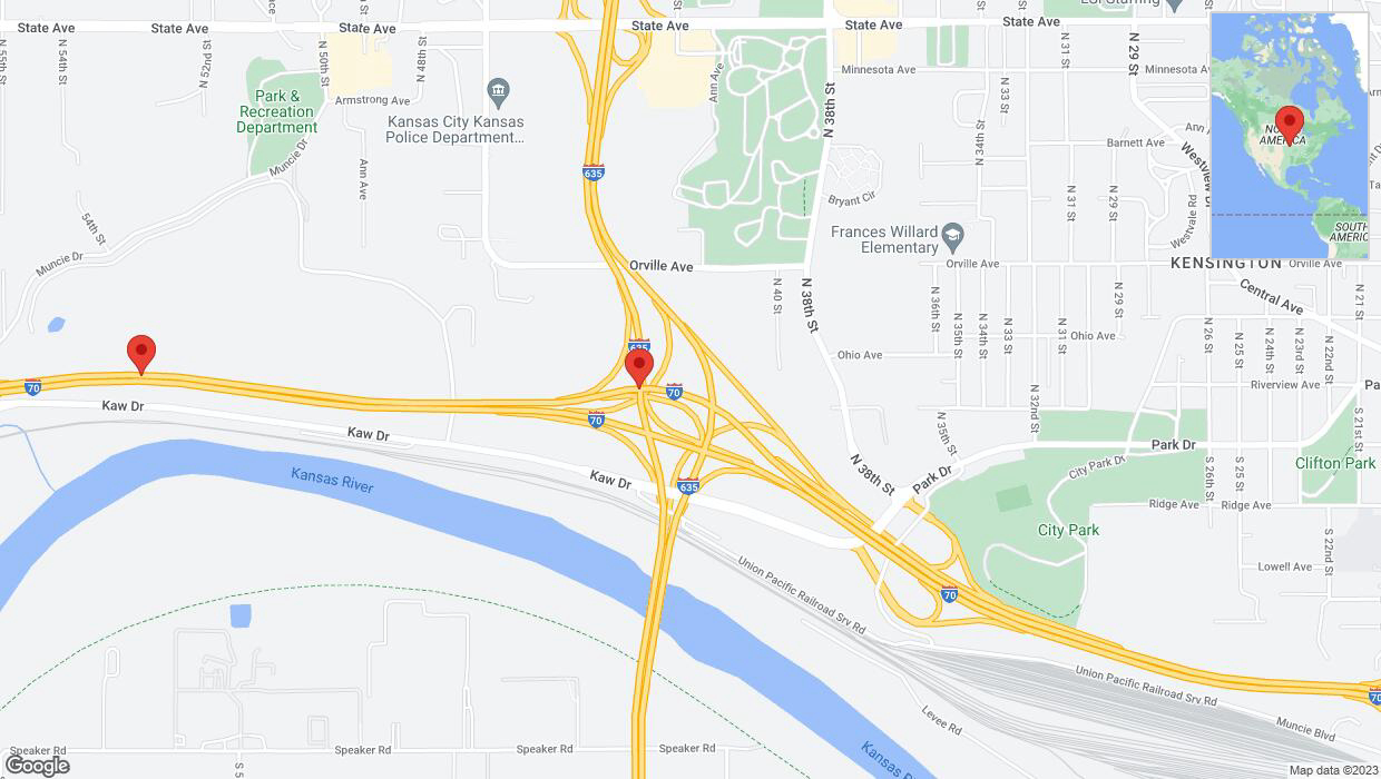 A detailed map that shows the affected road due to 'Incident on westbound I-70 in Kansas City' on December 14th at 6:35 p.m.