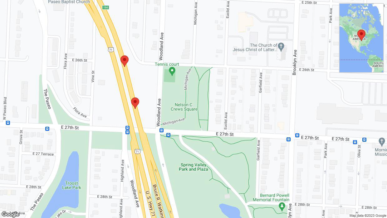 A detailed map that shows the affected road due to 'Broken down vehicle on northbound US-71 in Kansas City' on December 14th at 8:46 p.m.