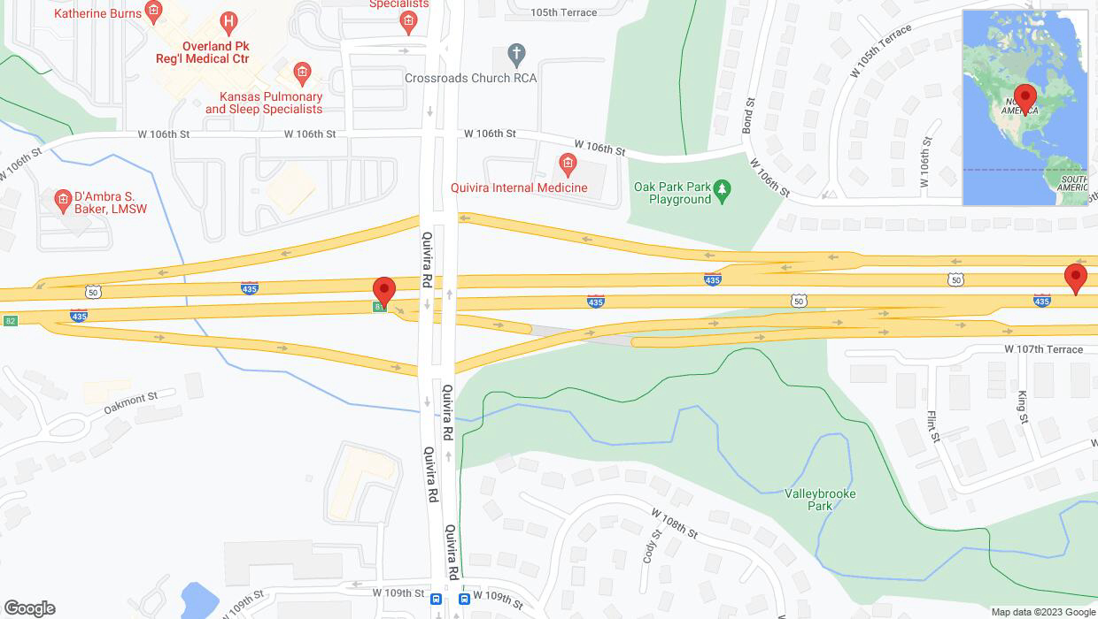 A detailed map that shows the affected road due to 'I-435 closed in Overland Park' on December 14th at 9:28 p.m.
