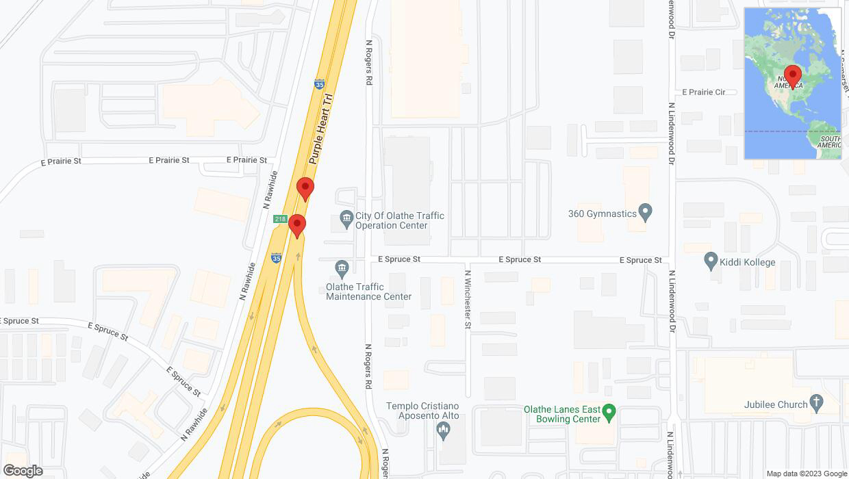 A detailed map that shows the affected road due to 'Broken down vehicle on eastbound I-35 in Olathe' on December 14th at 11:51 p.m.