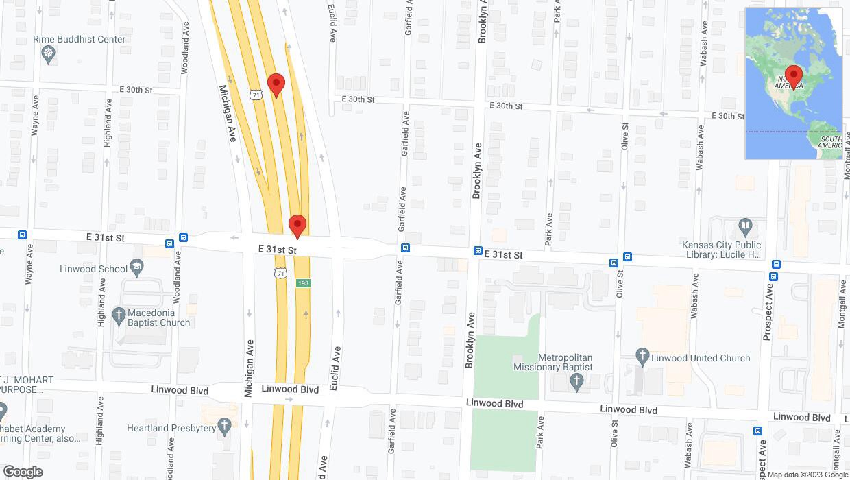 A detailed map that shows the affected road due to 'Broken down vehicle on northbound US-71 in Kansas City' on December 15th at 1:10 p.m.