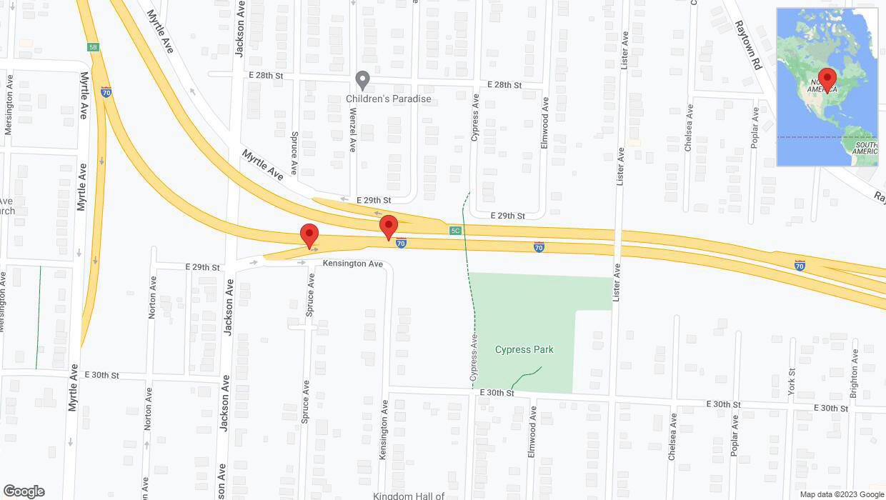 A detailed map that shows the affected road due to 'Broken down vehicle on Spruce Avenue in Kansas City' on December 15th at 2:39 p.m.