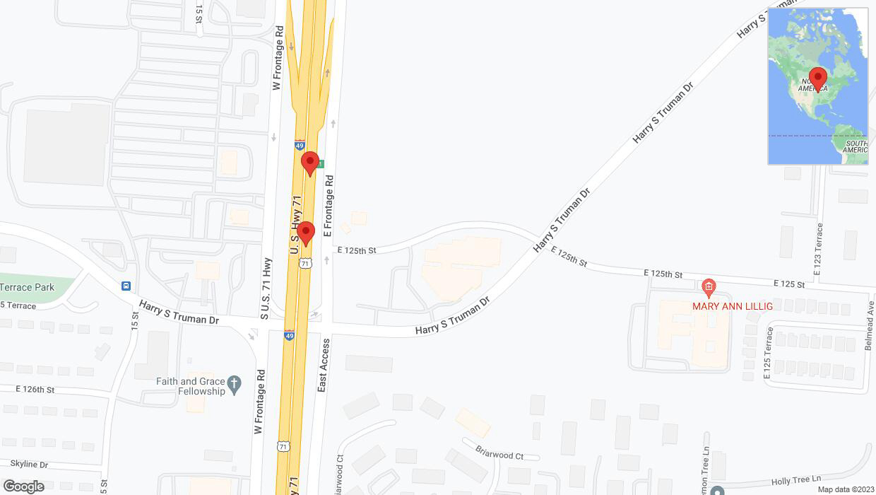 A detailed map that shows the affected road due to 'Warning: Crash on northbound I-40/US-71 in Grandview' on December 15th at 2:33 p.m.