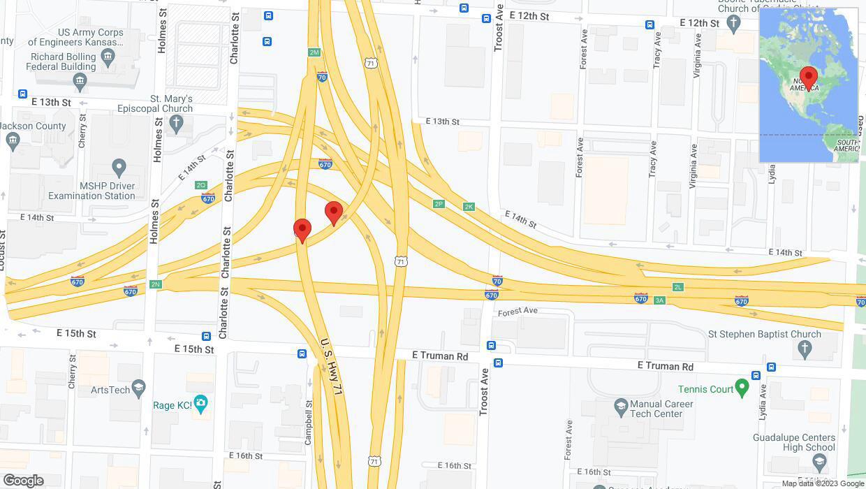 A detailed map that shows the affected road due to 'Warning: Crash on East Truman Road in Kansas City' on December 15th at 4:15 p.m.