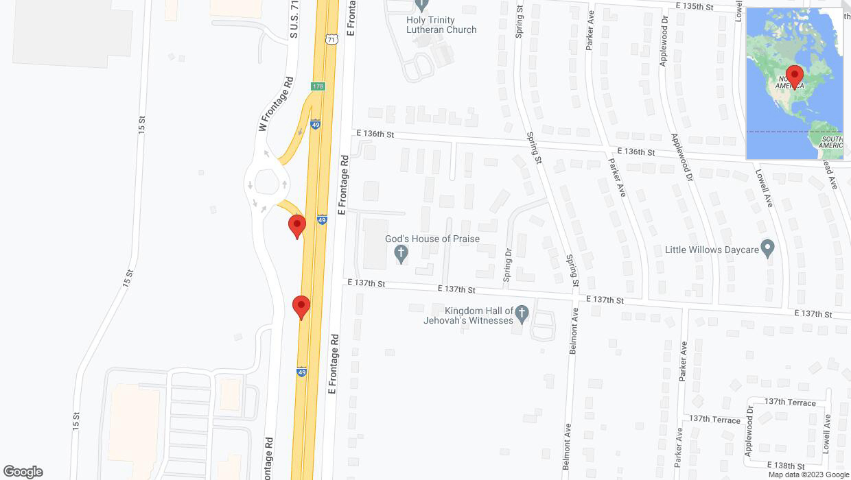 A detailed map that shows the affected road due to 'Broken down vehicle on the U. S. Highway 71 in Grandview' on December 15th at 7:15 p.m.