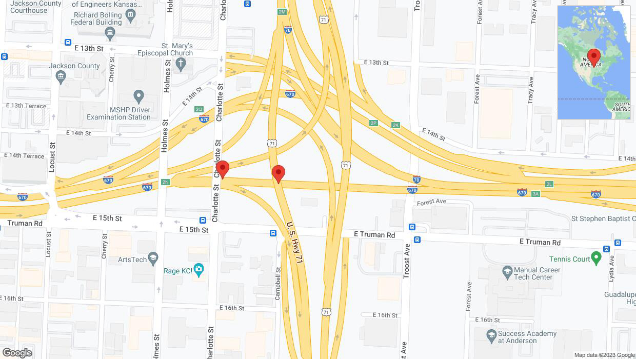 A detailed map that shows the affected road due to 'Broken down vehicle on eastbound I-670 in Kansas City' on December 15th at 11:33 p.m.
