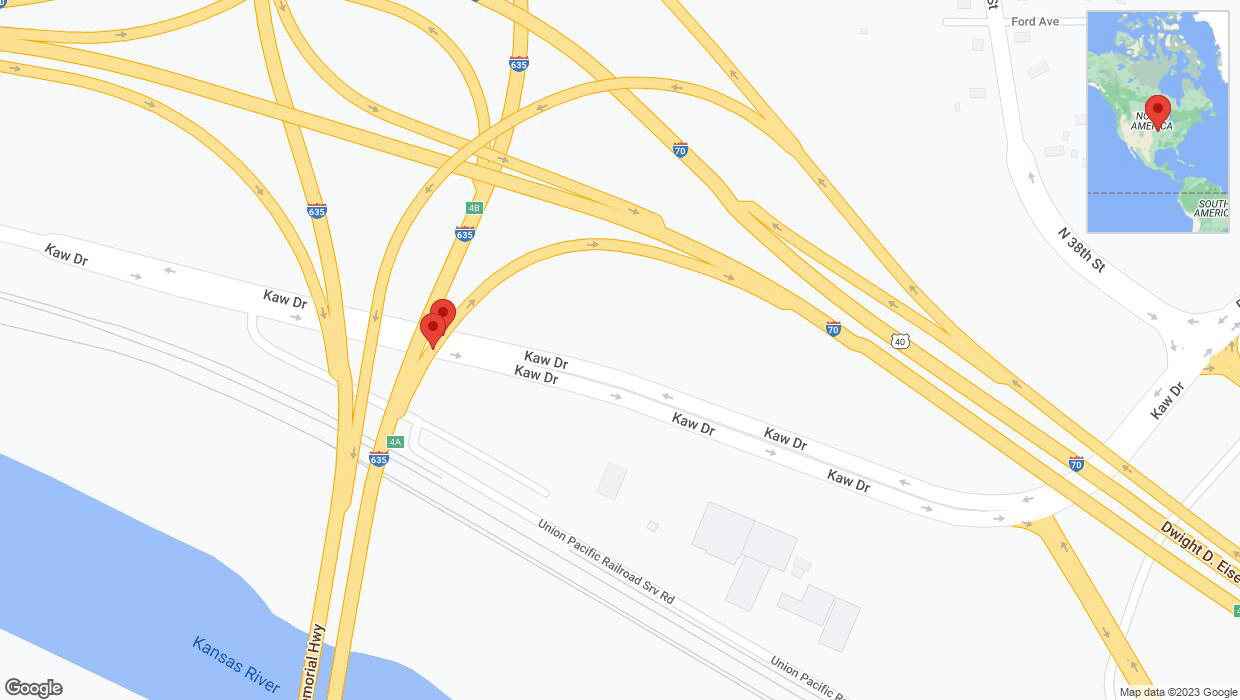 A detailed map that shows the affected road due to 'Broken down vehicle on Kaw Drive in Kansas City' on December 16th at 7:37 p.m.