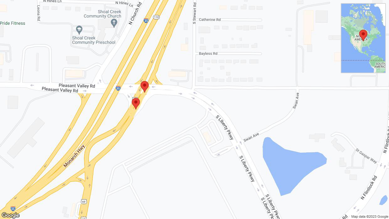 A detailed map that shows the affected road due to 'Broken down vehicle on northbound US-69 in Liberty' on December 16th at 2:37 p.m.