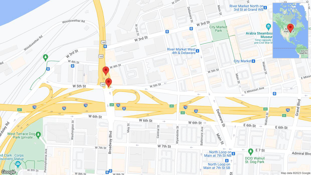 A detailed map that shows the affected road due to 'Broken down vehicle on northbound US-169 North in Kansas City' on December 17th at 12:25 p.m.