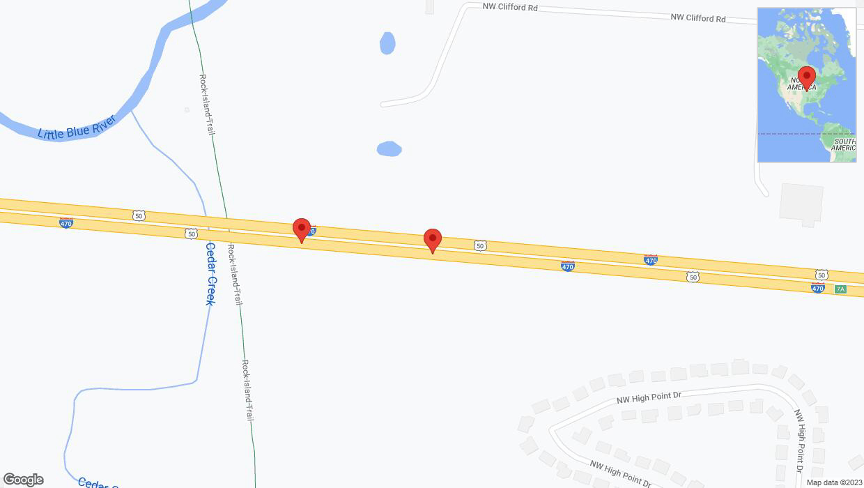 A detailed map that shows the affected road due to 'Broken down vehicle on eastbound I-470 in Lee's Summit' on December 17th at 4:49 p.m.