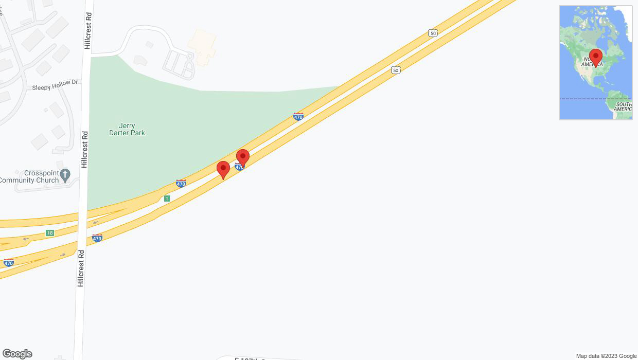 A detailed map that shows the affected road due to 'Broken down vehicle on eastbound I-470 in Kansas City' on December 17th at 6:25 p.m.