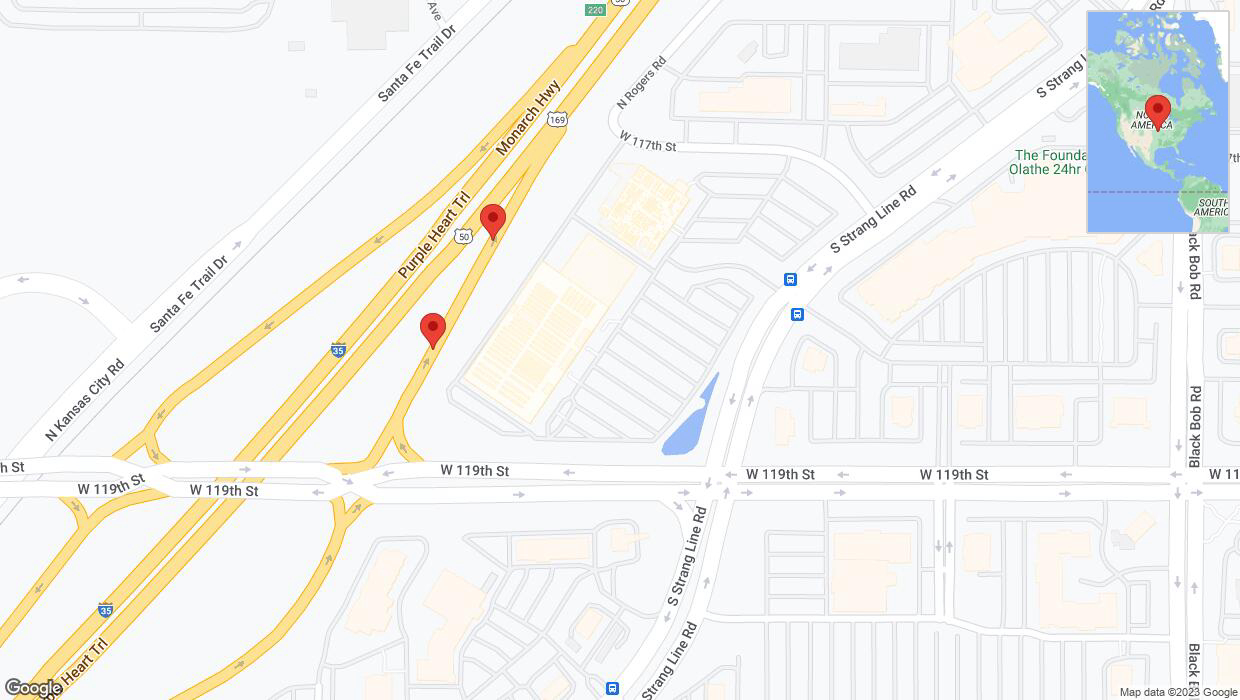 A detailed map that shows the affected road due to 'Broken down vehicle on South Strang Line Road in Olathe' on December 17th at 9:49 p.m.