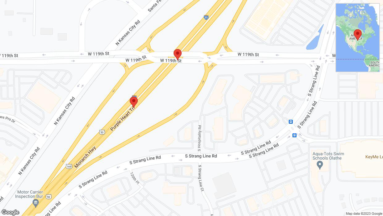 A detailed map that shows the affected road due to 'Broken down vehicle on eastbound I-35 in Olathe' on December 22nd at 2:12 p.m.