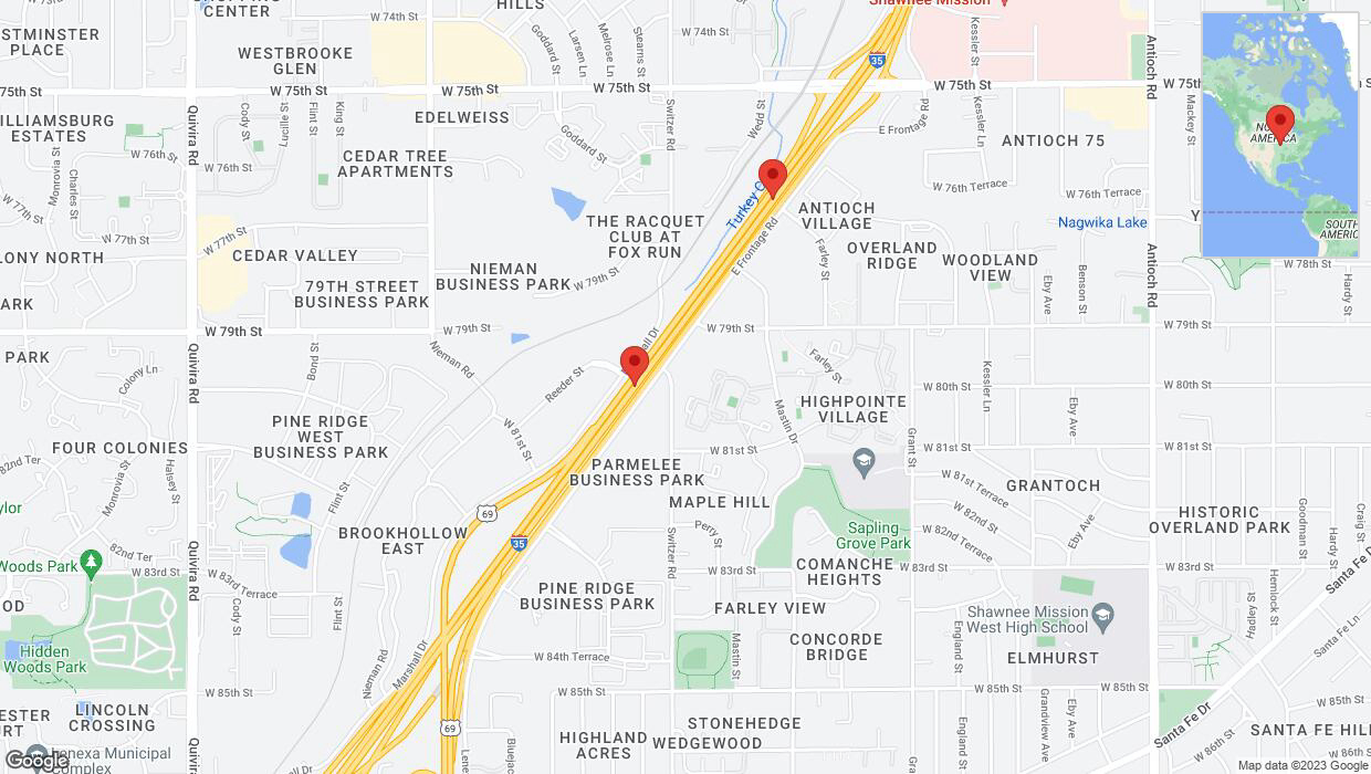 A detailed map that shows the affected road due to 'Broken down vehicle on eastbound I-35 in Overland Park' on December 18th at 4:55 p.m.