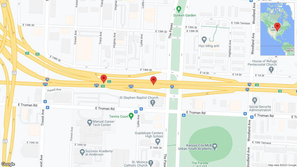 A detailed map that shows the affected road due to 'Broken down vehicle on eastbound I-70 in Kansas City' on December 25th at 9:44 p.m.
