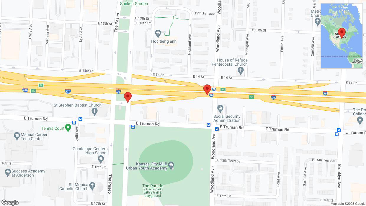 A detailed map that shows the affected road due to 'Broken down vehicle on The Paseo in Kansas City' on December 18th at 3:49 p.m.