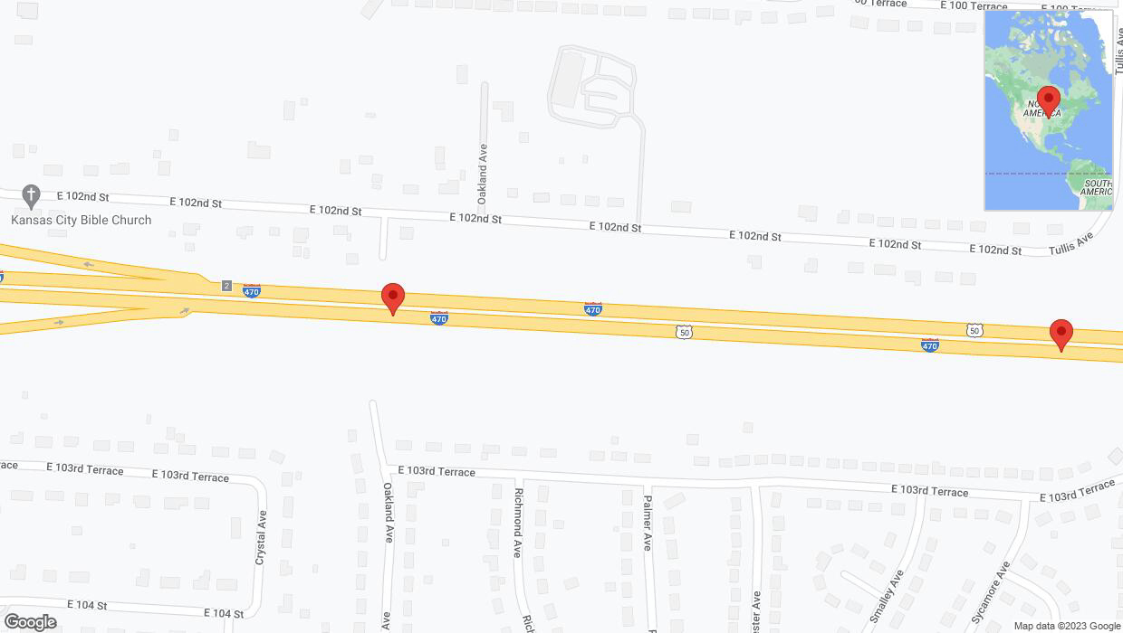 A detailed map that shows the affected road due to 'Broken down vehicle on eastbound I-470 in Kansas City' on December 18th at 4:25 p.m.