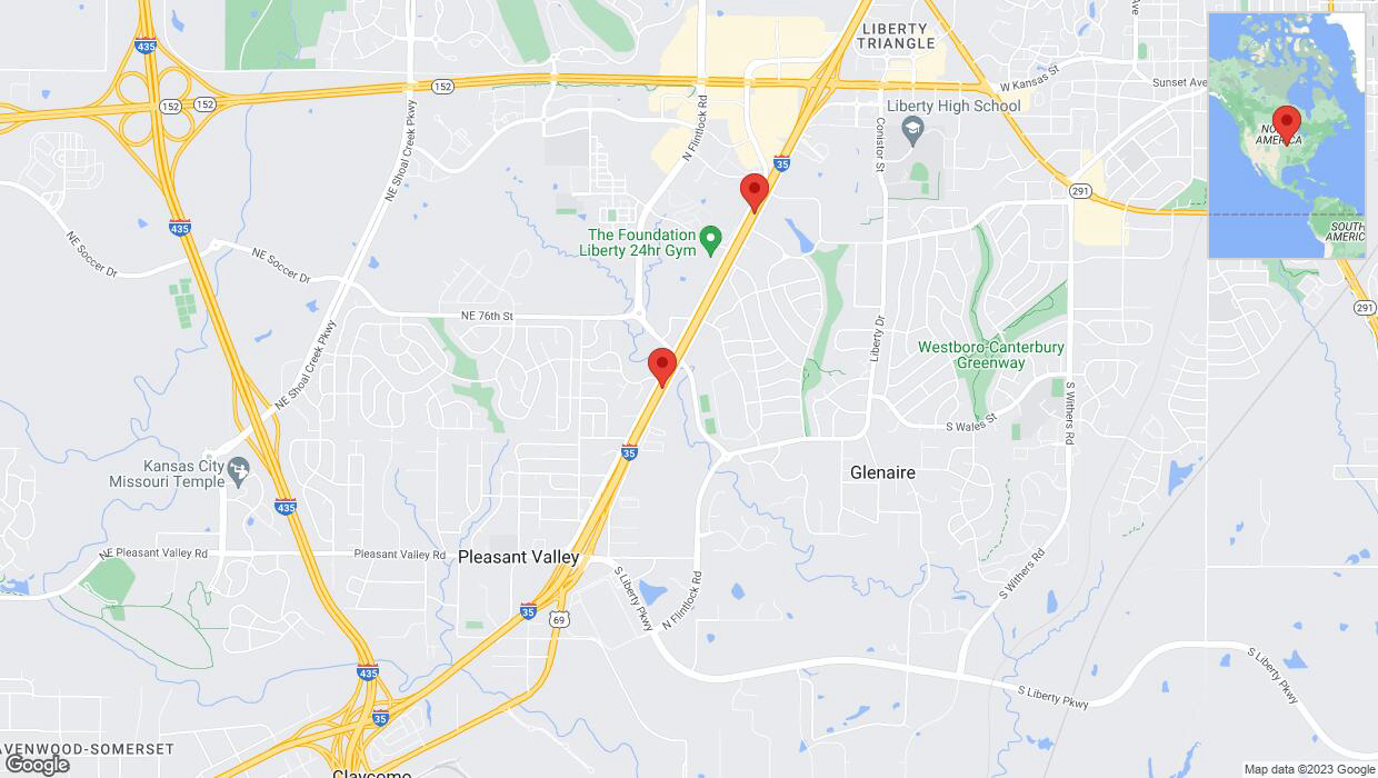 A detailed map that shows the affected road due to 'Crash reported on northbound I-35 in Kansas City' on December 18th at 5:37 p.m.