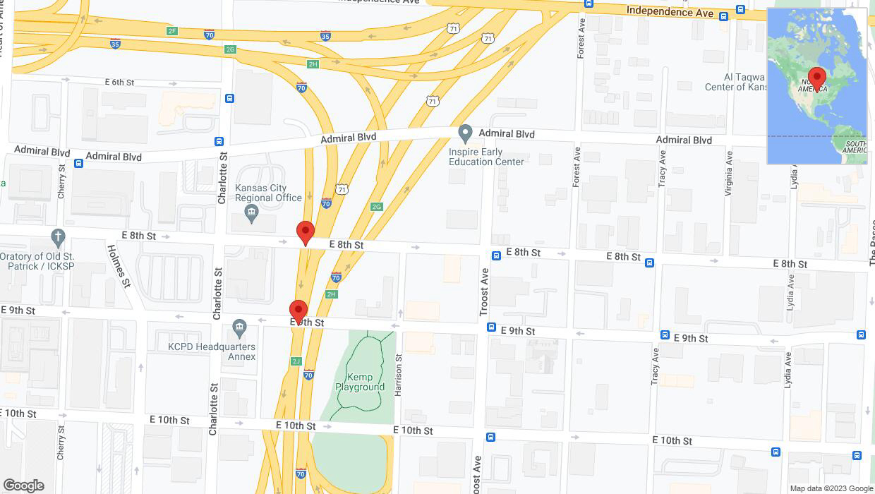 A detailed map that shows the affected road due to 'Broken down vehicle on Admiral Boulevard in Kansas City' on December 18th at 6:13 p.m.