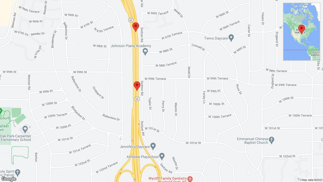 A detailed map that shows the affected road due to 'Broken down vehicle on northbound US-69 in Overland Park' on December 18th at 7:54 p.m.