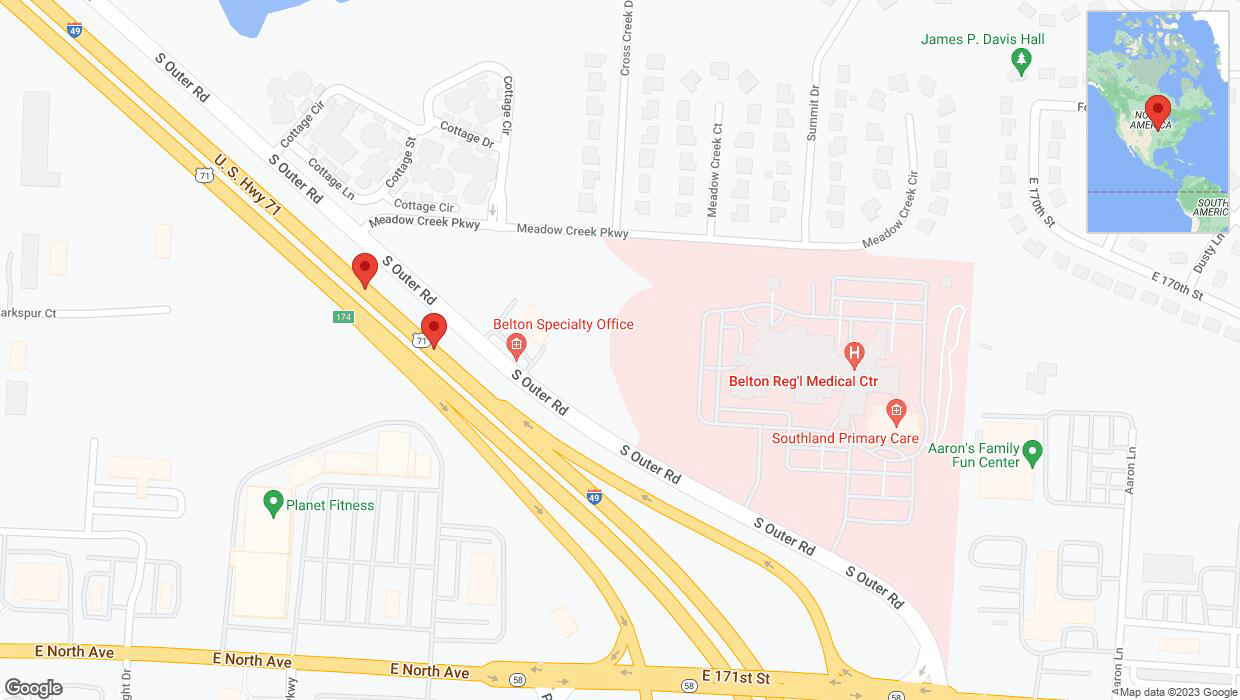A detailed map that shows the affected road due to 'Broken down vehicle on northbound I-40/US-71 in Belton' on December 18th at 9:30 p.m.
