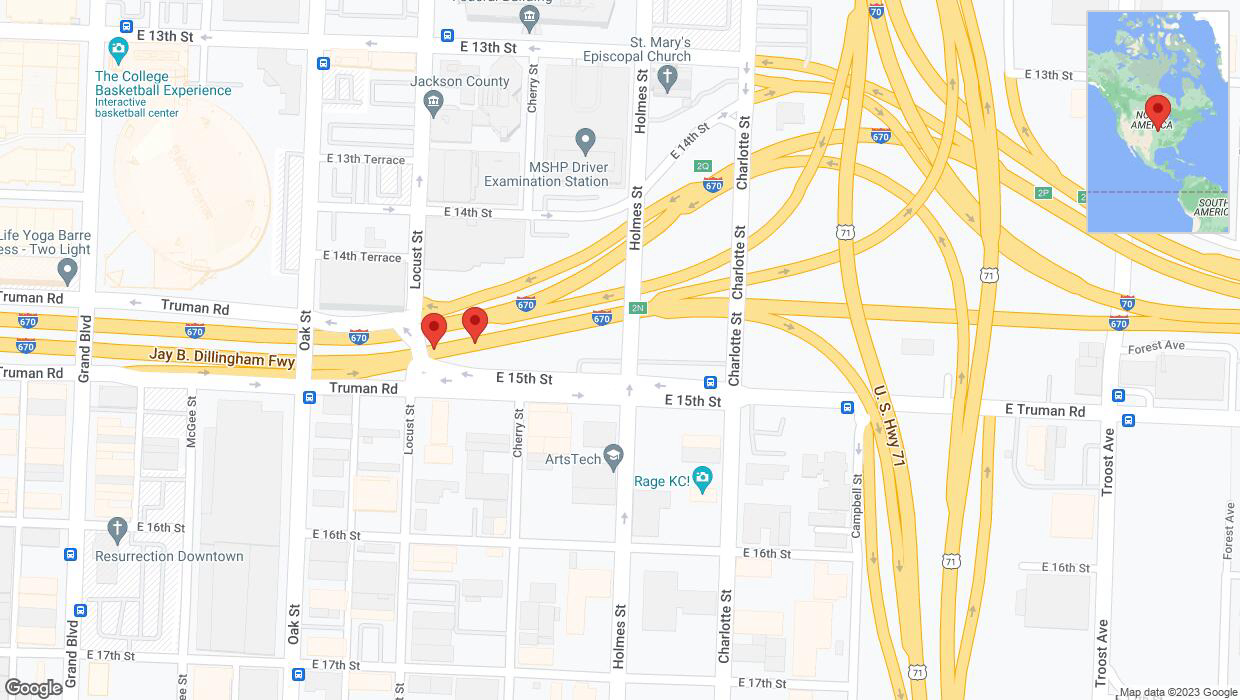 A detailed map that shows the affected road due to 'Broken down vehicle on eastbound I-670 in Kansas City' on December 19th at 12:43 p.m.