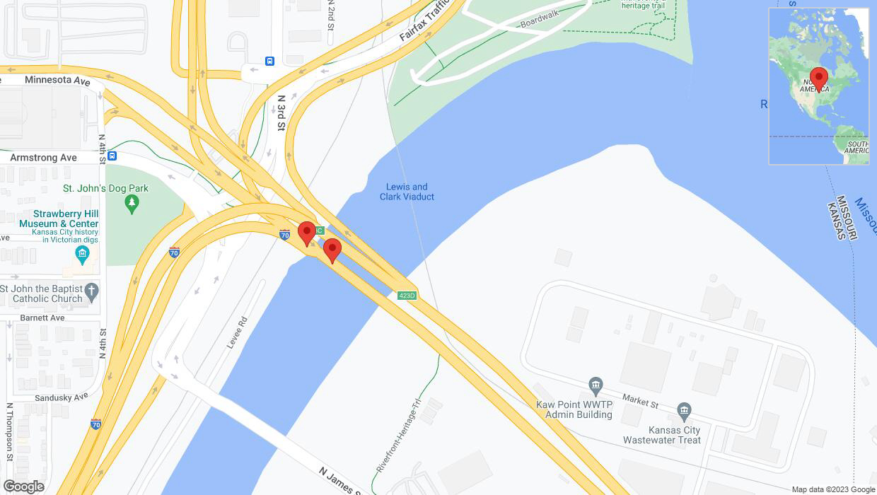 A detailed map that shows the affected road due to 'Broken down vehicle on eastbound I-70 in Kansas City' on December 19th at 2:46 p.m.