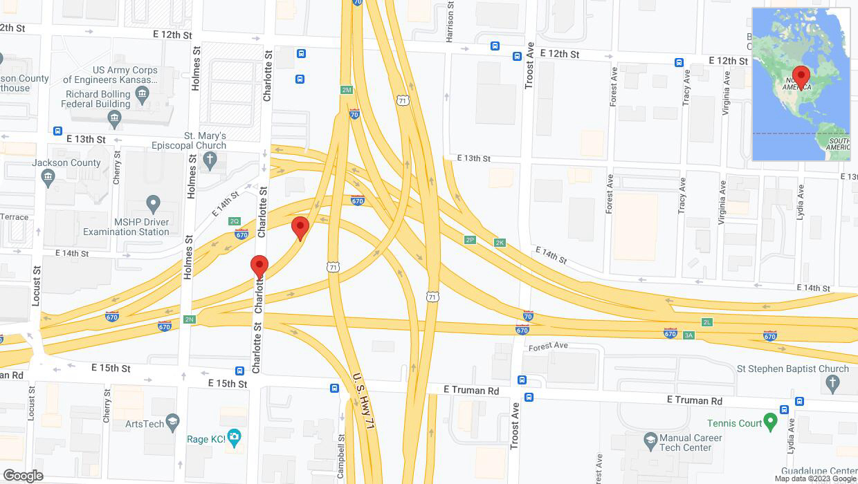 A detailed map that shows the affected road due to 'Crash reported on Charlotte Street in Kansas City' on December 19th at 6:45 p.m.