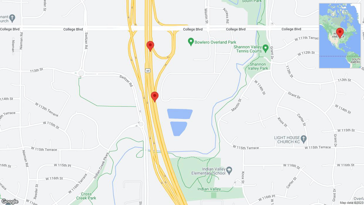 A detailed map that shows the affected road due to 'Broken down vehicle on northbound US-69 in Overland Park' on December 20th at 4:35 p.m.