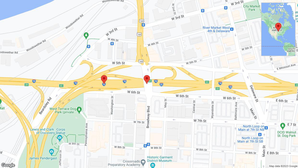 A detailed map that shows the affected road due to 'Broken down vehicle on eastbound I-70 in Kansas City' on December 21st at 6:45 p.m.