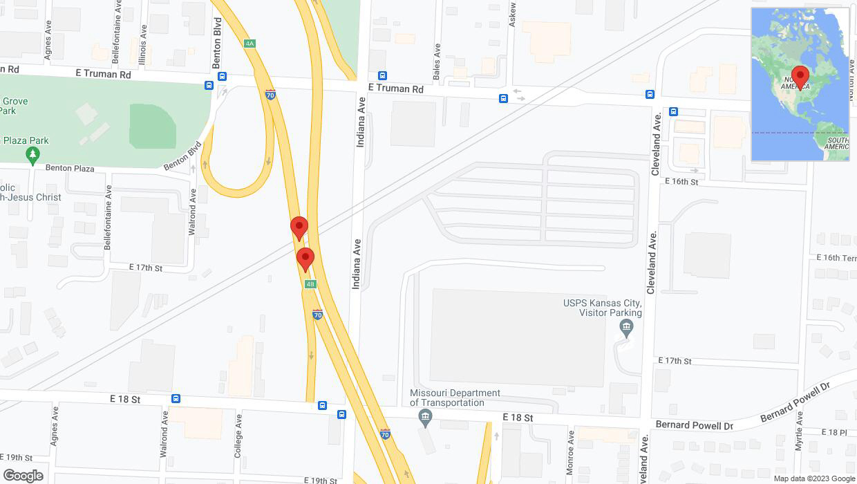 A detailed map that shows the affected road due to 'Broken down vehicle on eastbound I-70 in Kansas City' on December 20th at 2:25 p.m.